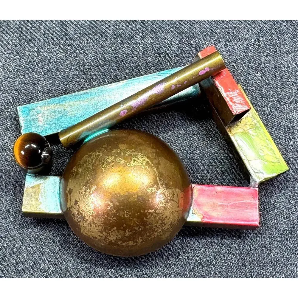 Vintage Signed Brutalist Brooch with Tiger’s Eye Accent